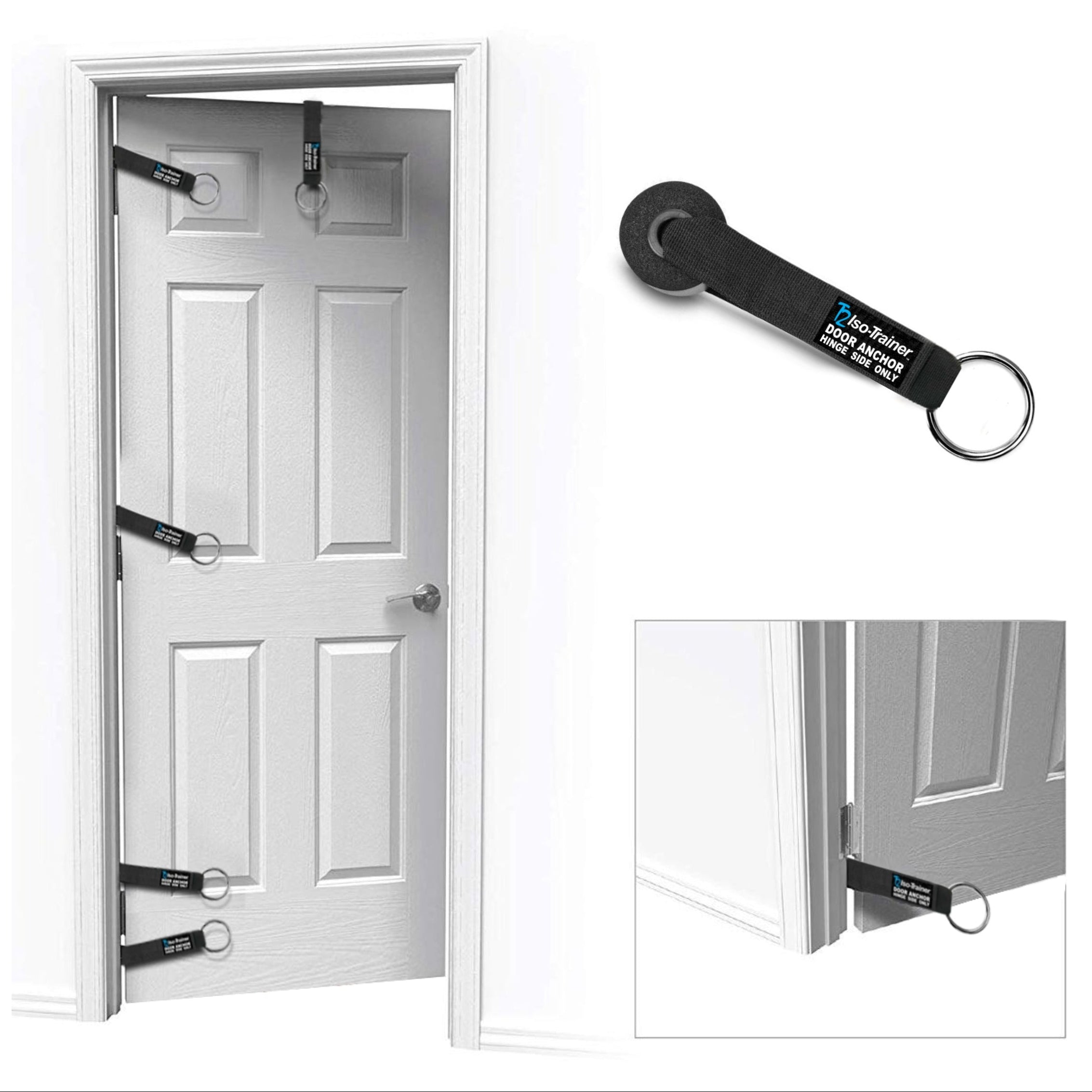 T2 door anchor system with a white door and close-up inset.